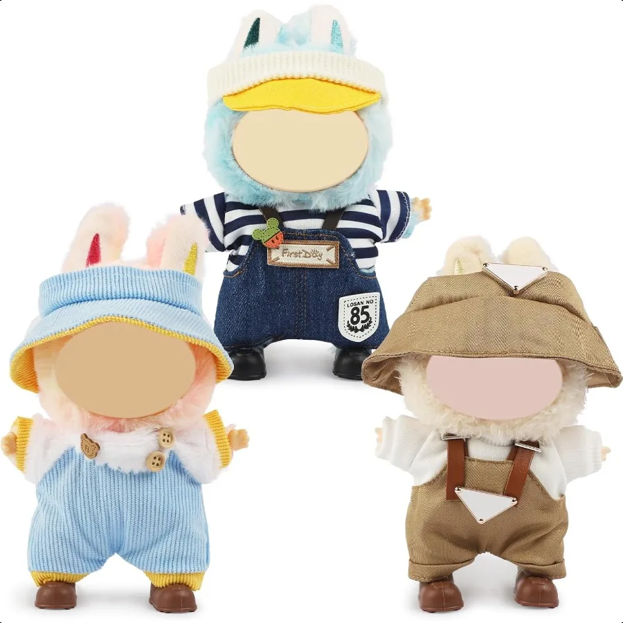 

3 Sets 17cm Clothes for Labubu Doll Doll Clothing Accories Set with Hat 3 Overalls3 Shoes 3 No Doll