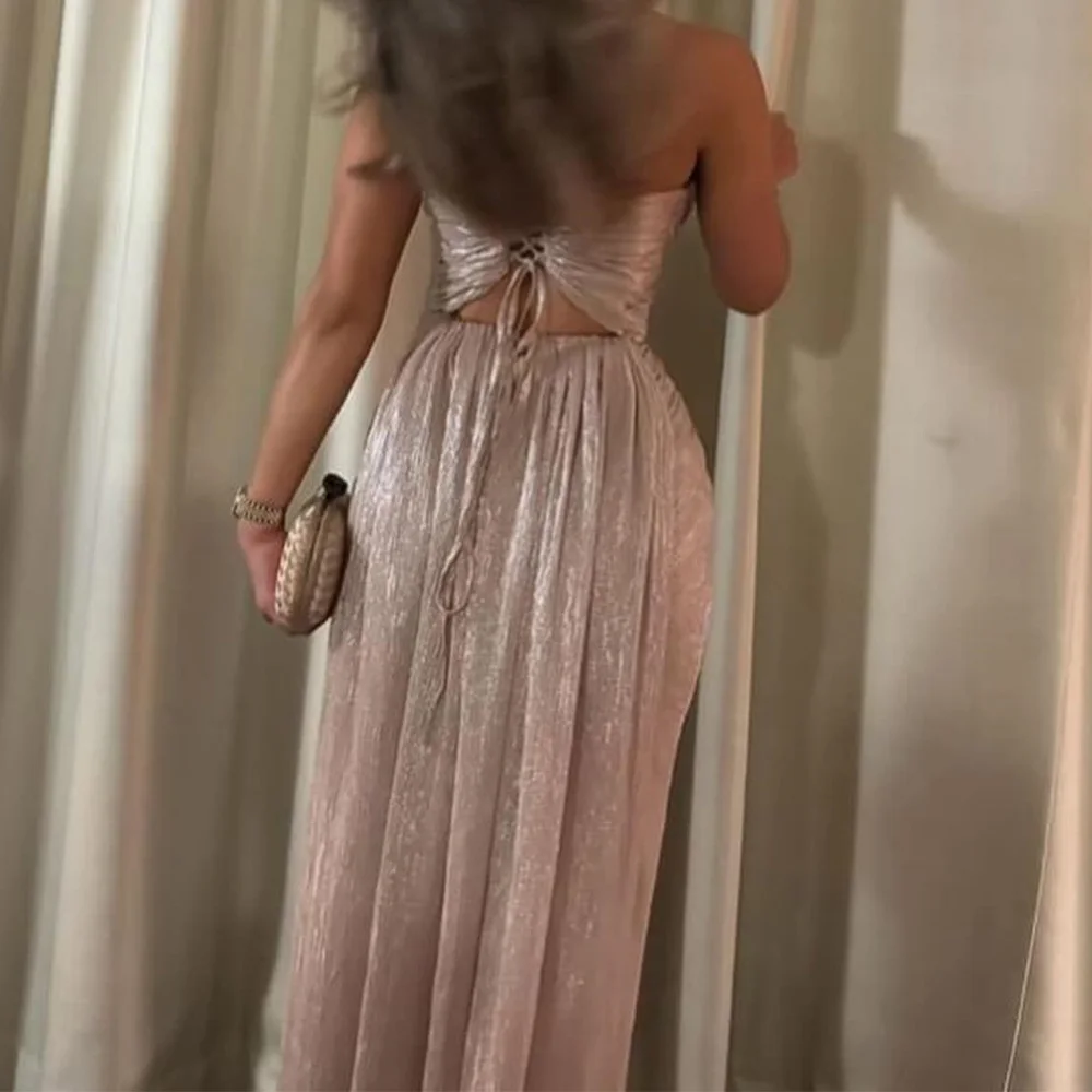 Customized Elegant Graceful Strapless Chiffon Lace Up Back Sleeveless Straight Evening Dresses Pleats Ribbons Photo Color Floor 