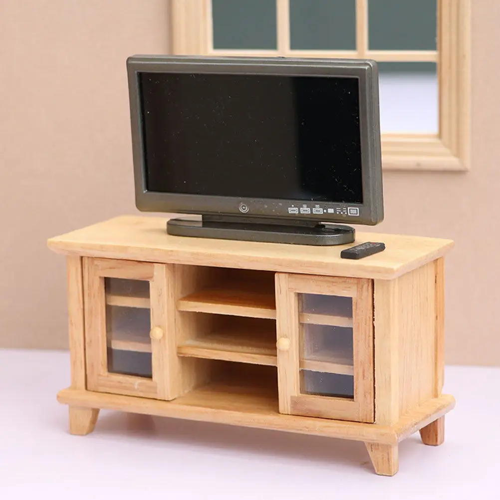 

1Set Mini Furniture Wooden TV Cabinet for Mini House Bedroom Decor Small House Supplies Miniature Wooden TV Ornament