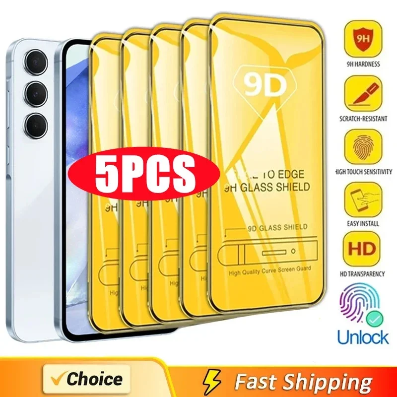 

5Pcs 9D Tempered Glass for Samsung A55 A15 A54 A34 A35 A13 A14 A53 A52 A12 A21S A33 A22 A32 A73 A72 S10E S20FE Screen Protector