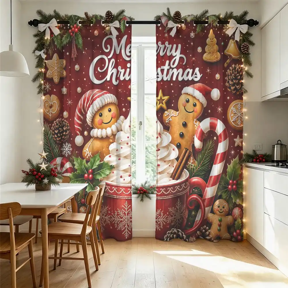 2pcs Christmas Gingerbread Man Merry Christmas Double Sided Curtains Perforated Light Blocking Window Drapes Living Room Bedr