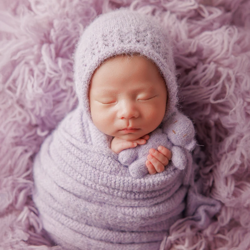 Acessórios para fotografia de recém-nascidos, chapéu de malha para foto de bebê, envoltório de lã, fundo de tiro de bebê, tema roxo, adereços de flores artificiais