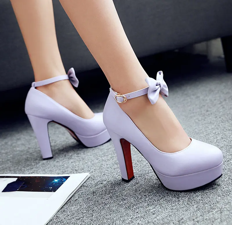 

Purple Pink Round Toe Block High Heels Mary Janes Pumps Buckle Strap Mature Ladies Office Shoes Platform Stiletto with Bowtie