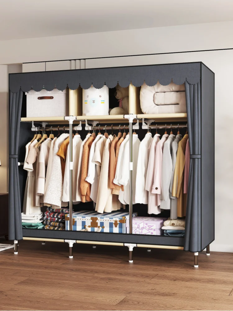 Portable Double Layer Fabric Wardrobe Dustproof Single Person Clothes Closet Economical Rental Room Household Clothes Organizer