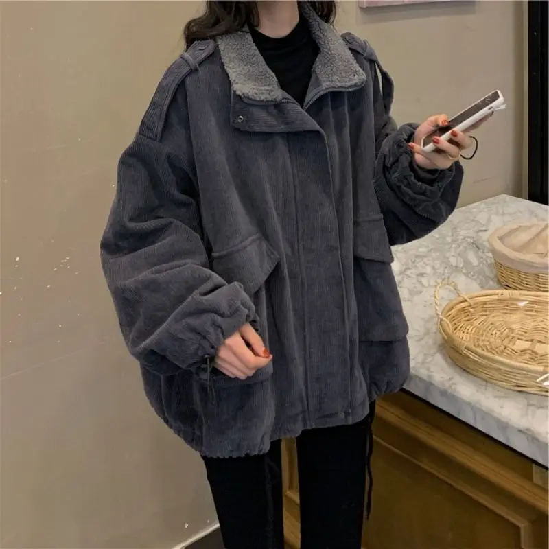 Women Corduroy Jackets Thick Warm Fall Winter Loose Pocket Patchwork Oversized Coats Retro Casual Harajuku Simple Soft Outwear