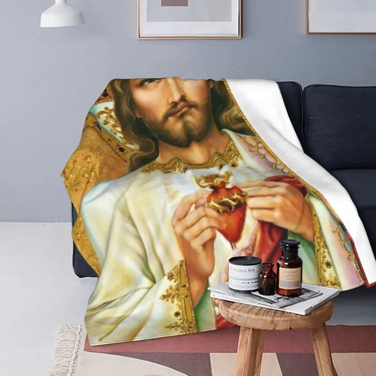 Christian God Bless Blankets Jesus Christ Sacred Heart Flannel Breathable Throw Blankets for Bedspread Spring/Autumn