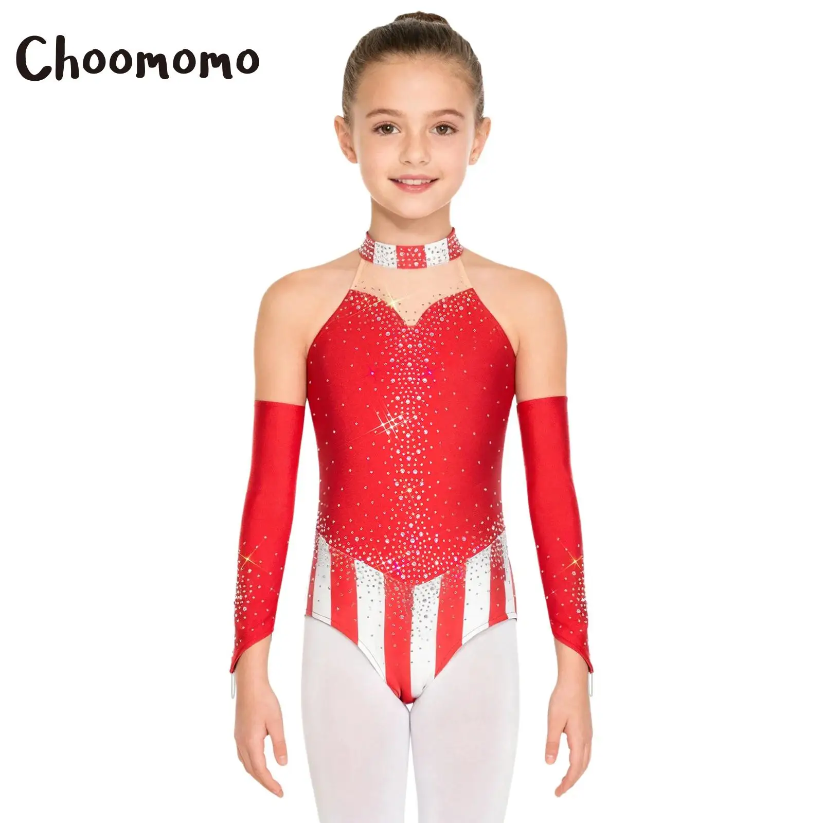 

Kids Girls Circus Costume Cosplay Party Leotard Sleeveless Rhinestones Bodysuit with Oversleeves for Carnival Halloween Dress Up