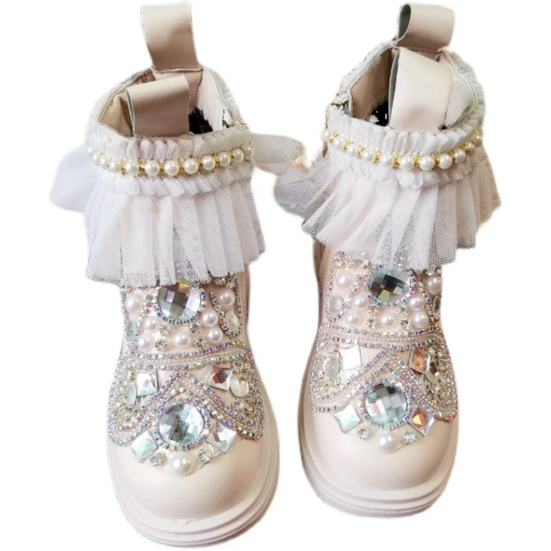 

Cute Ruffles Rhinestones 2023 New Winter Children Shoes PU Leather Waterproof Kids Warm Snow Boots Pearls Princess Girls' Shoes