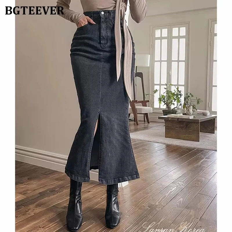 BGTEEVER Vintage High Waist Single Button Long Bodycon Denim Skirts Women Stylish Slim Split Mermaid Jeans Skirts Female