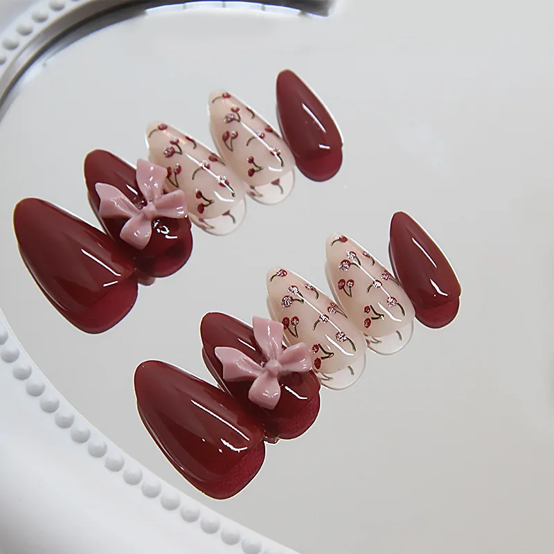24pcs Solid Color Cherry Bow Fake Nails with Design Red Almond  Press on Nails Girls Medium Long Decorated False Nails Acyrlic