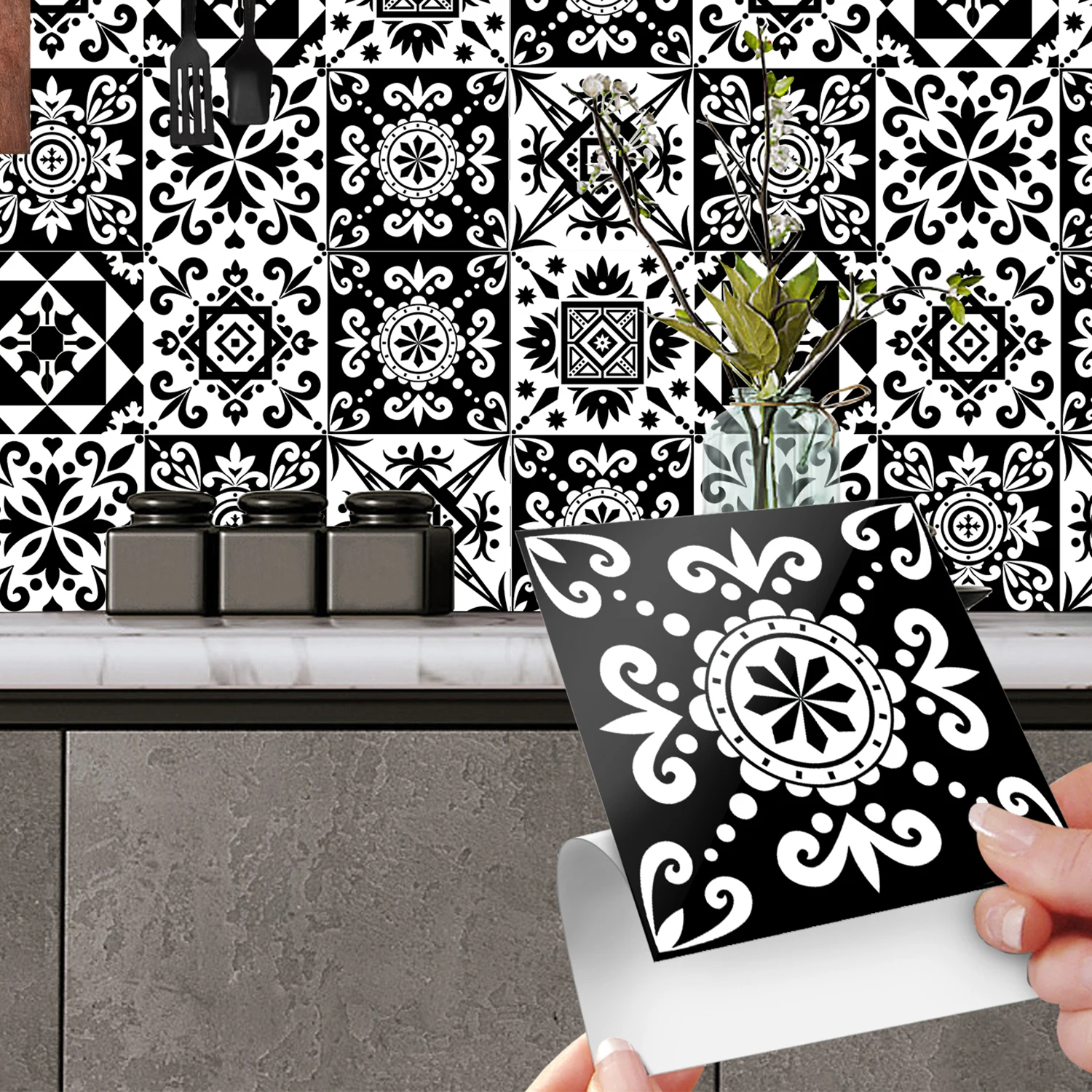 10 pcs/pack, Black and white graphics PVC Self-Adhesive Tile Stickers - Waterproof, Oil-Proof, Easy to Clean for Home Decoration