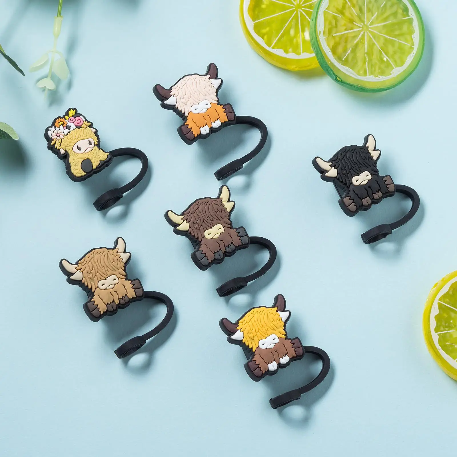 6PCS/lot Straw Cover Cap for Cup Accessories Carton cattle Toppers for Tumblers 10mm Silicone Reusable lids tips protectors