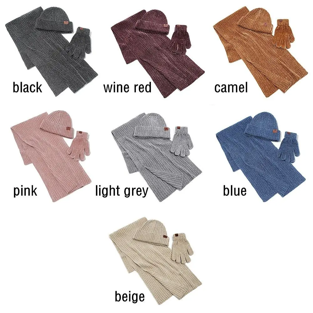 Modna dzianinowa czapka beanie, rękawiczki dotykowe, czapka damska, zestaw czapka-szalik-rękawiczki, ciepły