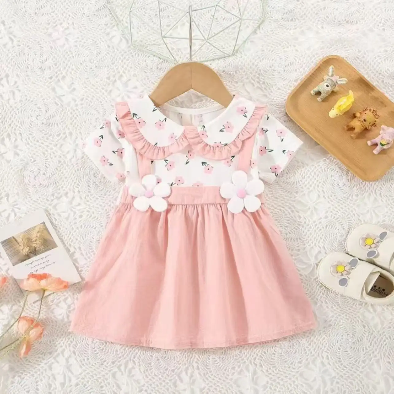 

2026 New Kids Summer Baby Girl Cotton Flower Fake Two-Piece Shoulder Strap Dress Girl Cute Short Sleeved Dress