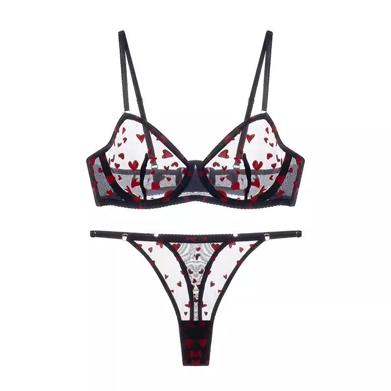 Sexy Heart Printed Lingerie Set Women Ultra-thin Mesh Bra & Brief Sets Female Anti Sagging Bra Beachwear Lace Edge Underwear Set