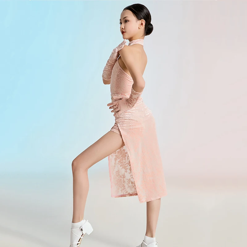 2025 Latin Dance Suit For Girls Chinese Style Stage Show Outfit Pink Velvet Cheongsam Kids Latin Performance Dance Dress VBH1878