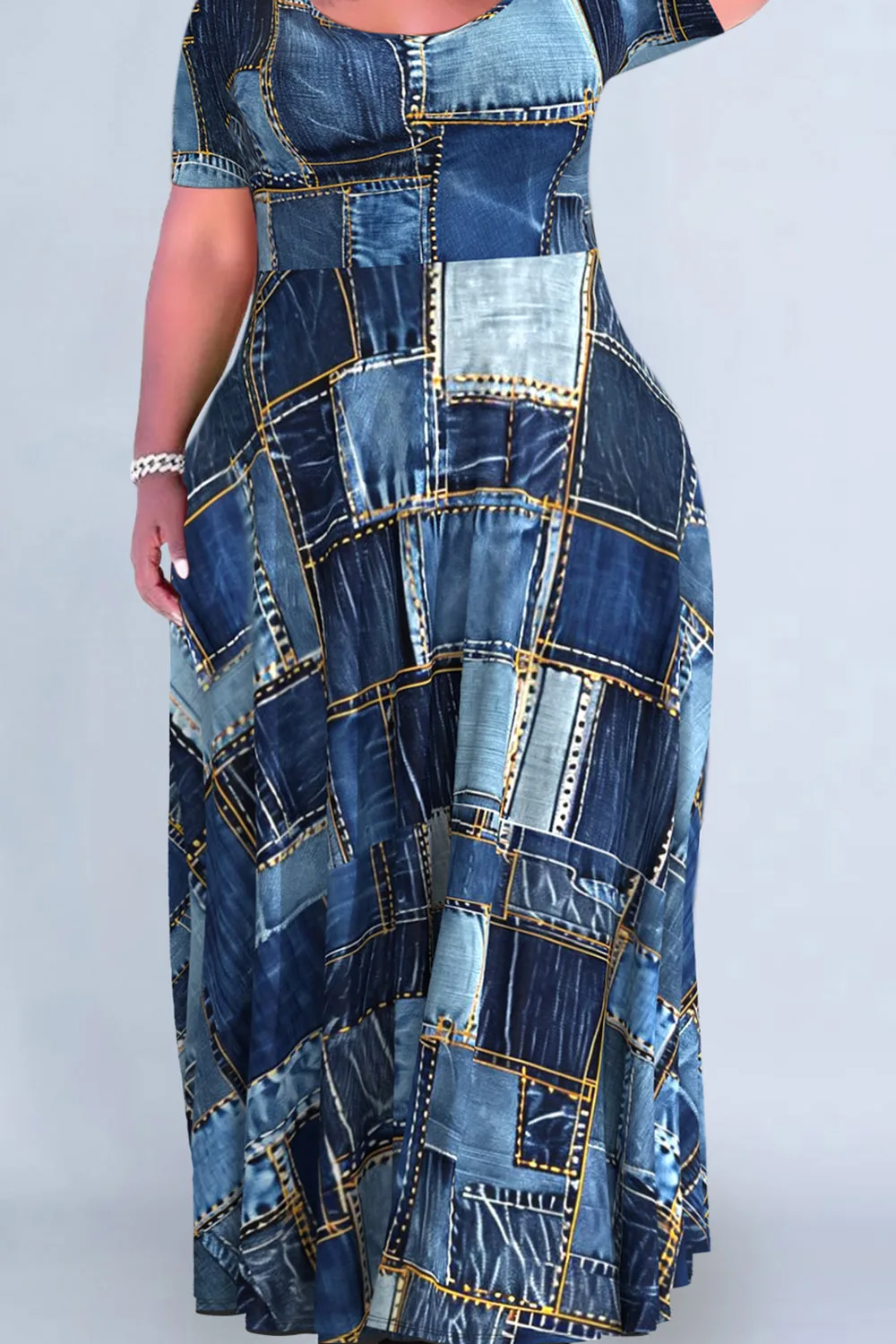 Plus Size Women's Dark Blue Patchwork Crew Neck Denim Print Maxi Dresses