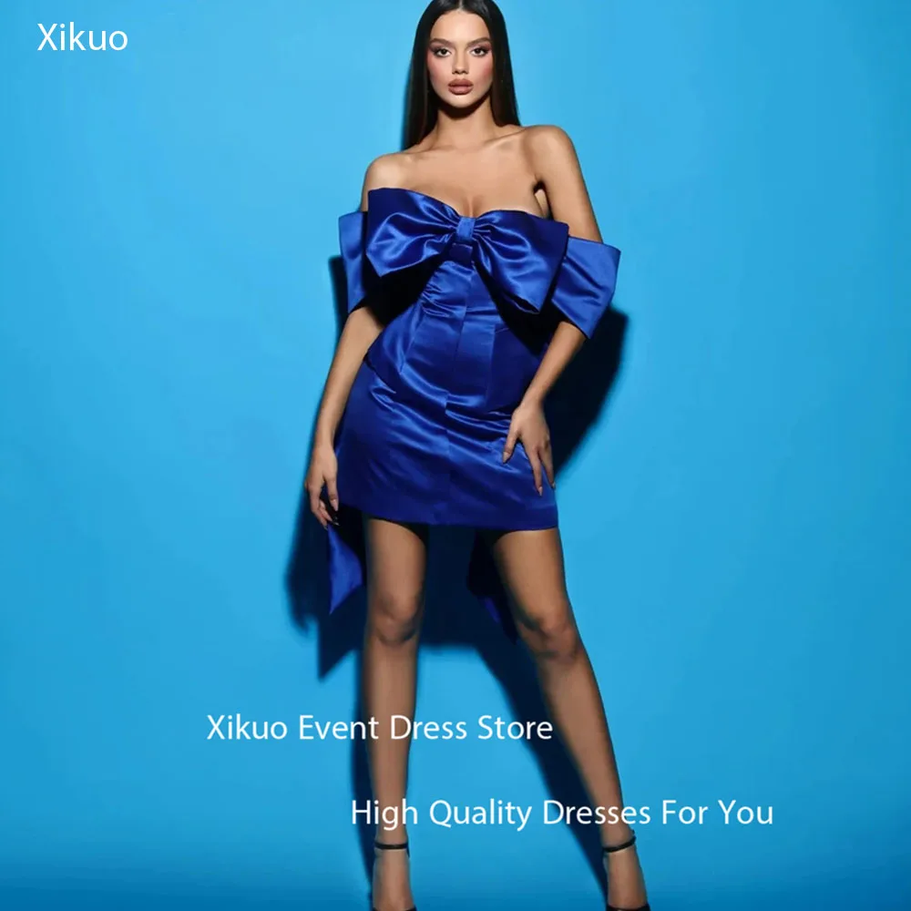 

Xikuo Royal Blue Satin Prom Gowns Modern Oversized Bow Cocktail Party Dress Off Shoulder A Line Guest Cocktail Dress Customized