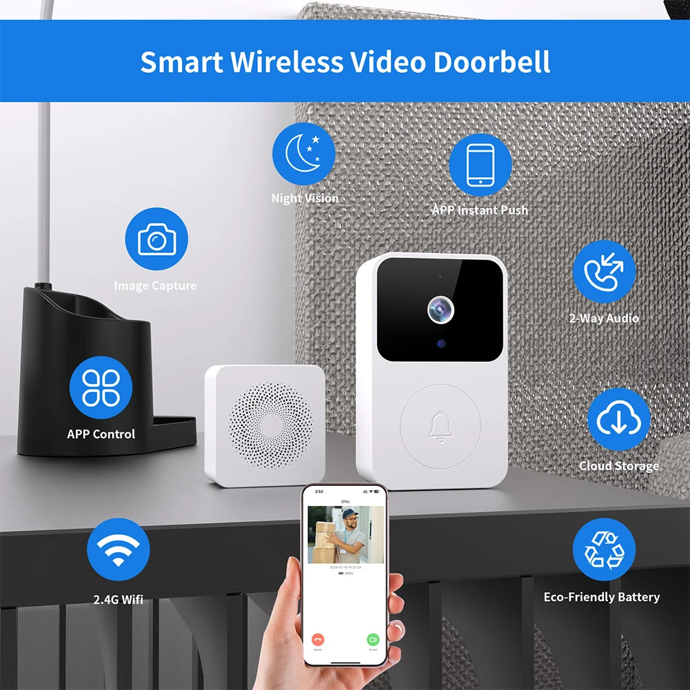 2.4GHz WiFi Wireless Video Doorbell Camera Night Vision Wireless Visual Intercom Doorbell Two-way Intercom for Home Security