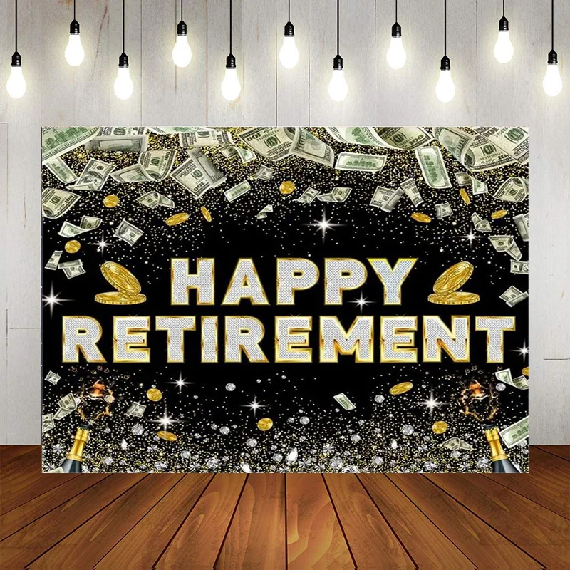 Happy Retirement Backdrop Glitter Diamond Retire Party Photographic Background Retire Photo Banner Supplies