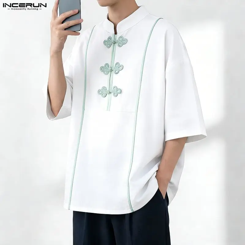 

Men's Shirt Patchwork Vintage Stand Collar Short Sleeve Men Clothes INCERUN Summer Loose Retro 2026 Casual Tops For Man Cmaisas