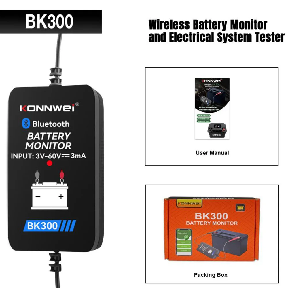 

KONNWEI BK300 Bluetooth 5.0 Battery Monitor for all 12V 24V Lead-acid Car Truck Starting Battery Automotive Battery Monitor Tool