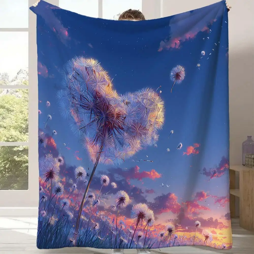 1pc Heart-Shaped Dandelion Blanket - Flannel Fleece Throw with Dreamy Sunset & Pink Purple Orange Yellow Gradient, Soft Plush
