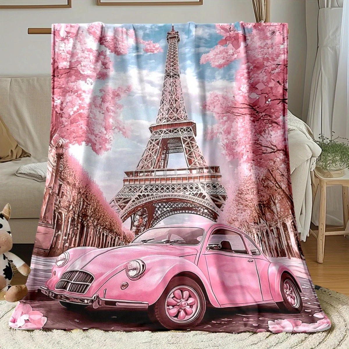

Eiffel Tower Paris Cherry Blossom Pink Car Fleece Blanket Romantic French Cityscape Art Soft Flannel Throw for Home Decor