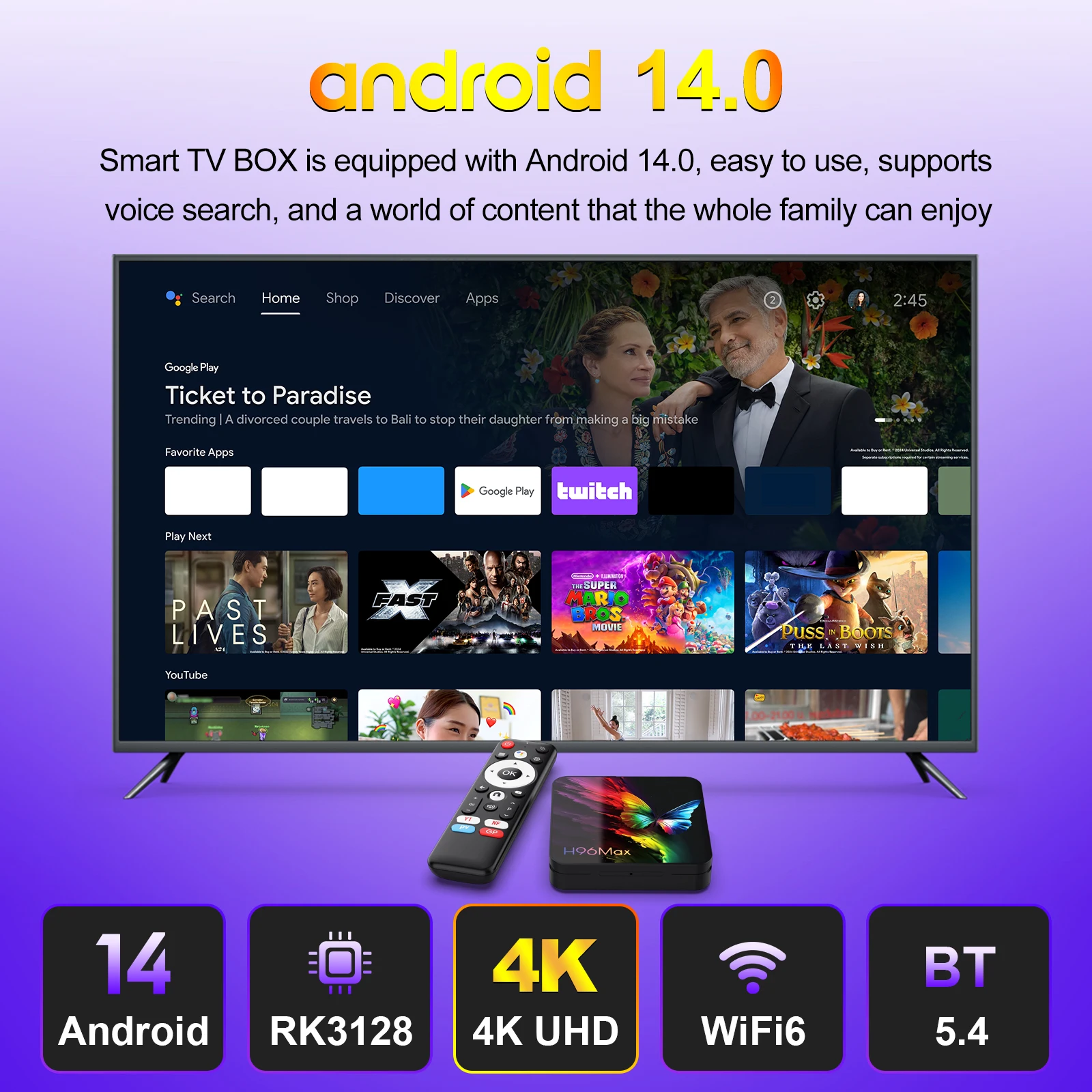 H96 MAX RK3518 صندوق التلفزيون الذكي Android14.0 TV BOX فراشة Wifi6 BT5.4 4K HD إيثرنت جوجل صوت مساعد مشغل الوسائط Tvbox