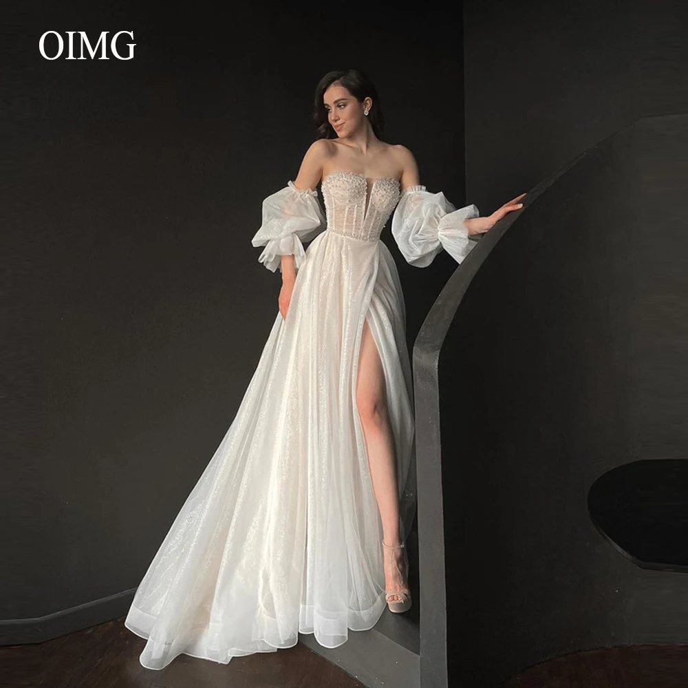 

OIMG Glitter Pearls Beads Wedding Dresses Sweetheart Puff Sleeves Slit Women Bridal Gowns A Line Modern 2022 Vestido de noiva