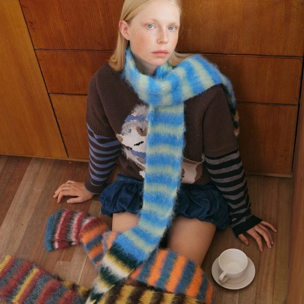 Classic Soft Stripe Scarf Rainbow Color Windproof Warm Shawl Thick Winter Warm Pashmina Scarf