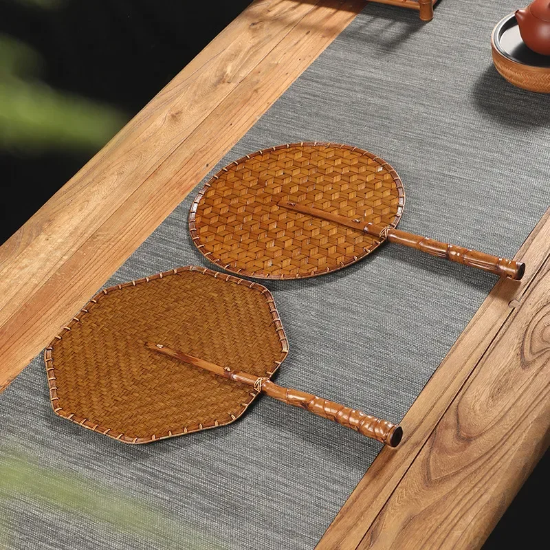 Handmade Bamboo Woven Fan with Lacquer Finish Retro Chinese Style Pu Fan for Summer Cooling Elegant Green Grate Design