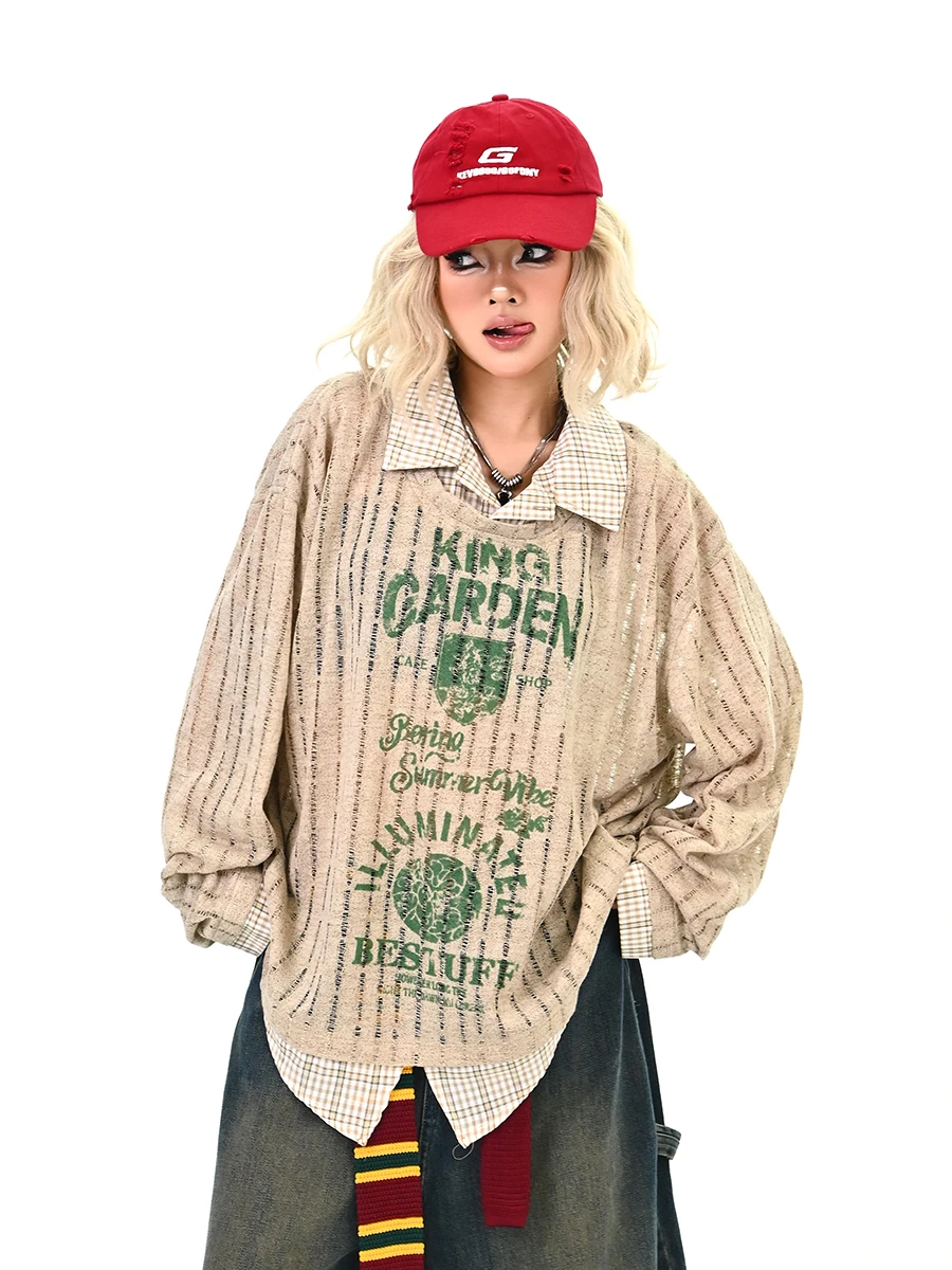 

Женская свободная футболка Cé Brown с длинным рукавом, уличный стиль, с принтом, повседневный винтажный топ для осеннего сезона, бренд PMFIVEE