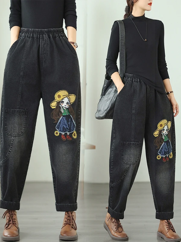 

Женские джинсы с вышивкой мультфильмов, большие размеры, осенние брюки с талией, старые татовые брюки, женские потертые брюки-шаровары в стиле ретро, брюки