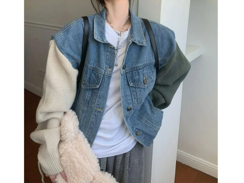 

2025 Spring and Autumn Knitted Sleeve Splicing Cowboy Jacket for Women's Winter Mid length Loose Jacket