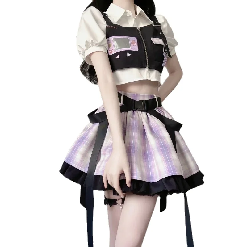 Summer Fashion JK Uniform Women White Bubble Short Sleeve Top Black Vest  Purple Striped Plaid Skirt 3pcs Lolita Style Clothes