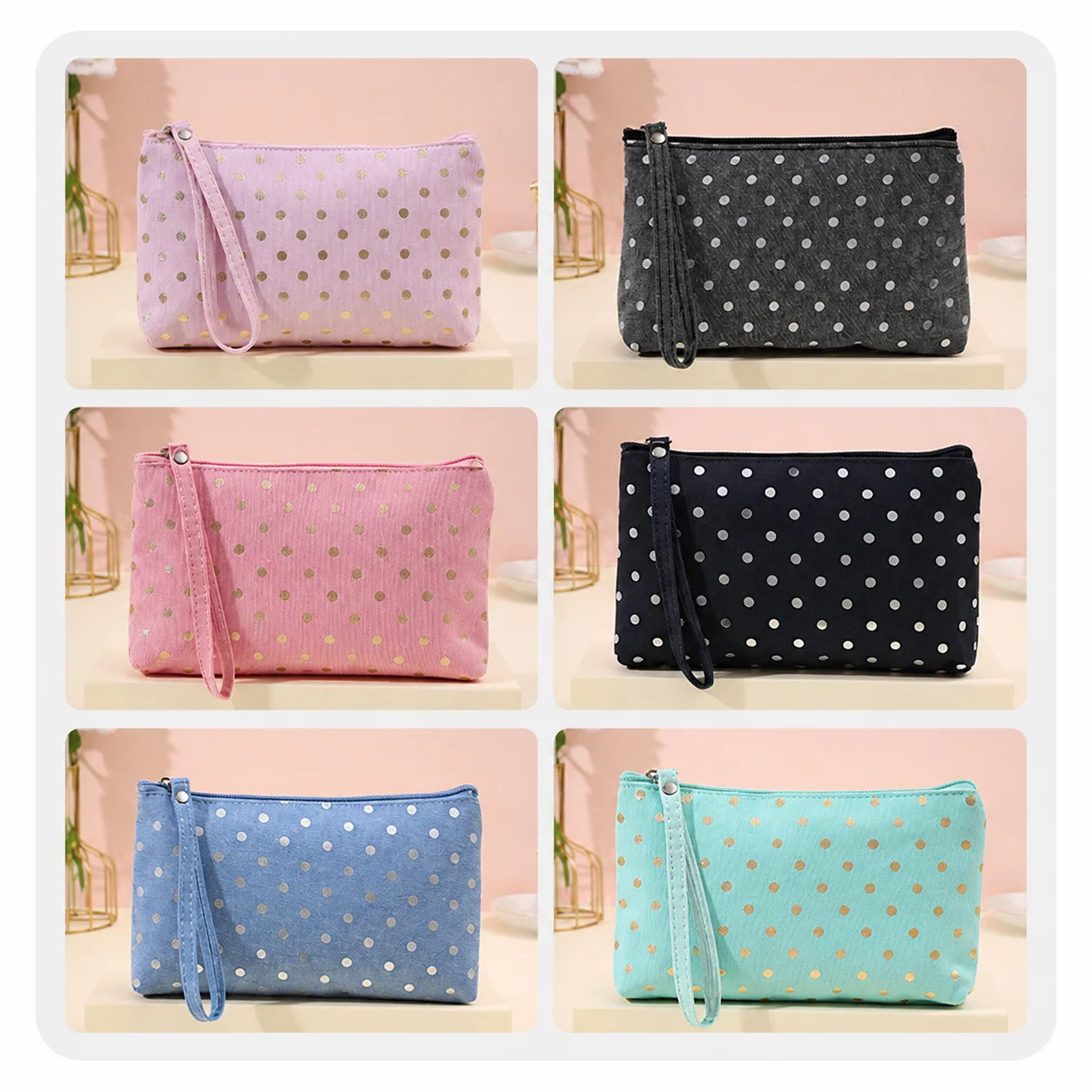 Polka Dot Portable Canvas Makeup Bag Simple Wristlet Cosmetic Bag Portable Storage Bag Version Student Pencil Case Wallet
