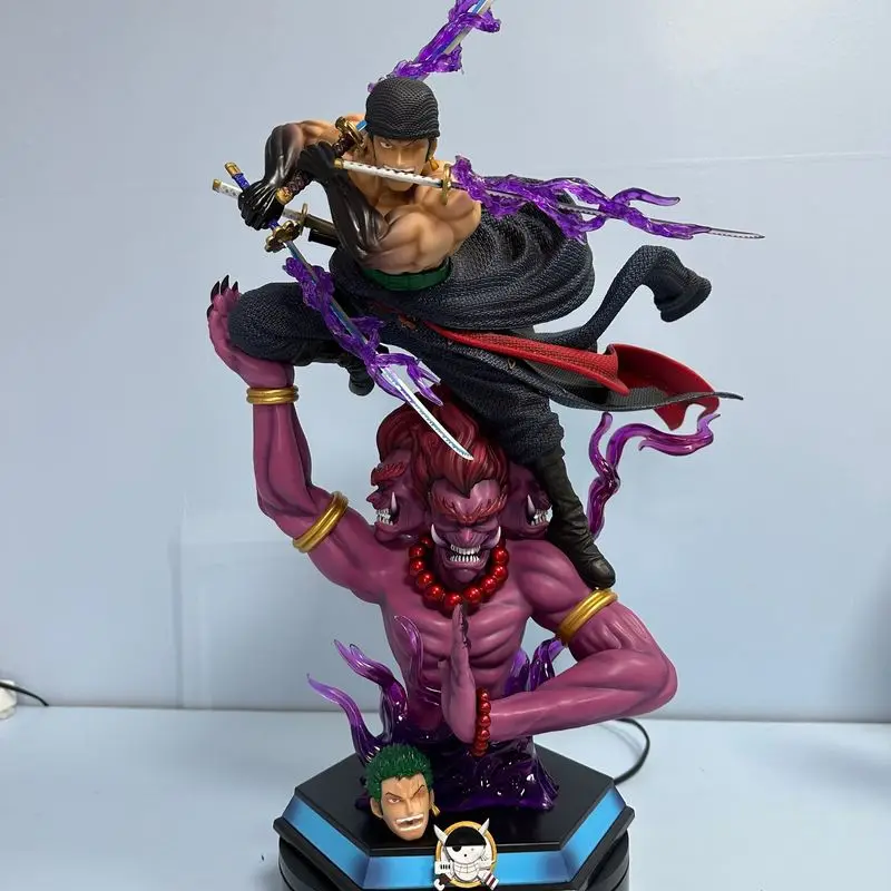 Figura de Anime de One Piece, Roronoa Zoro Purgatory Asura GK, con Cabeza Doble Reemplazable, Base Luminosa de PVC, para Coleccionistas Adultos