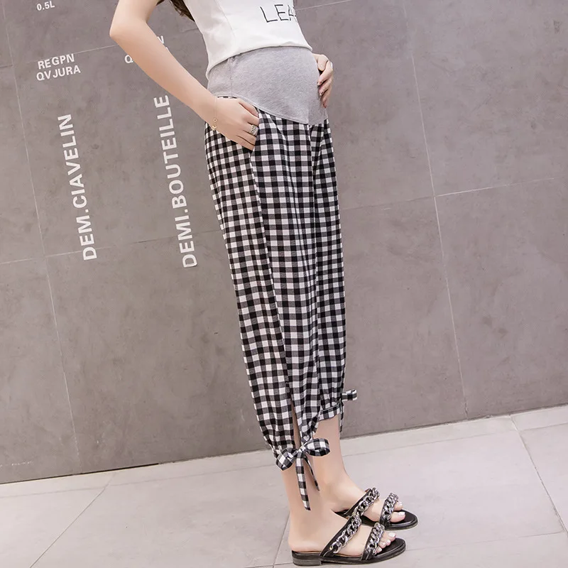 Pregnant Woman Pregnancy Pant High Waist Thin Loose Fashion Plaid Belly Trousers Floor-length Maternity Wide Legs Pants Summer