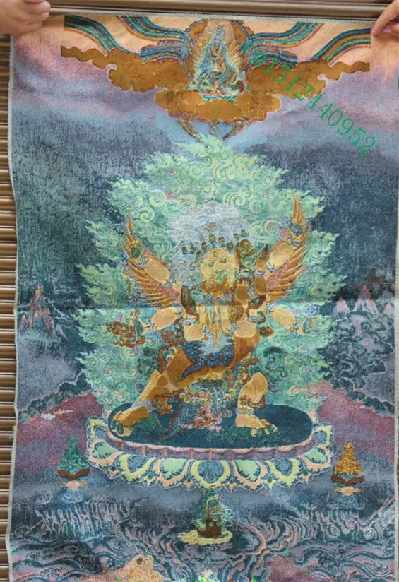 36 inch Tibet Silk embroidery 3 Heads Wrathful Heruka Vajrakilaya Thangka Painting Mural