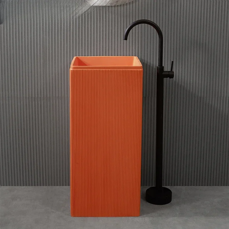 

Simple orange-red column basin washbasin integrated floor-standing bathroom washbasin column basin square