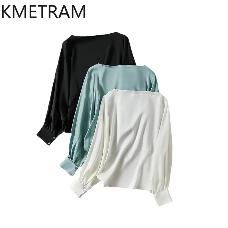 KMETRAM OL 92% Real Mulberry Silk Shirts for Women Elegant Basic Womens Tops 2026 High Quality White Shirt Blouses chemise femme