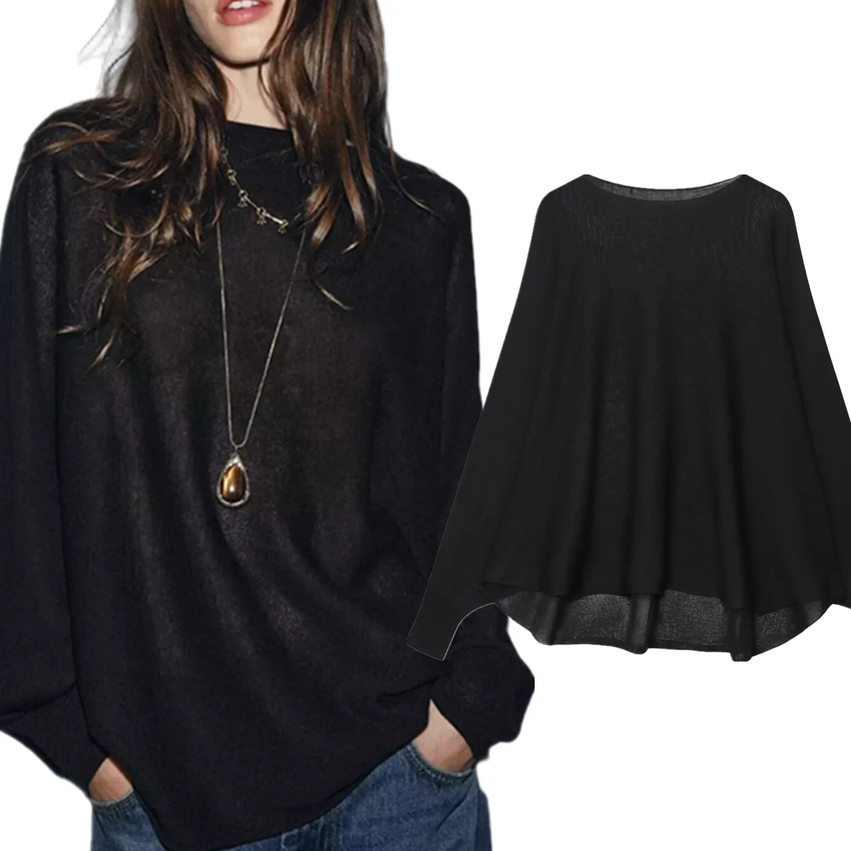 ديف آند دي الخريف/الشتاء المرأة محبوك سترة الفرنسية الحد الأدنى الأسود غير النظامية كسول الجولة الرقبة محبوك سترة البلوز #1