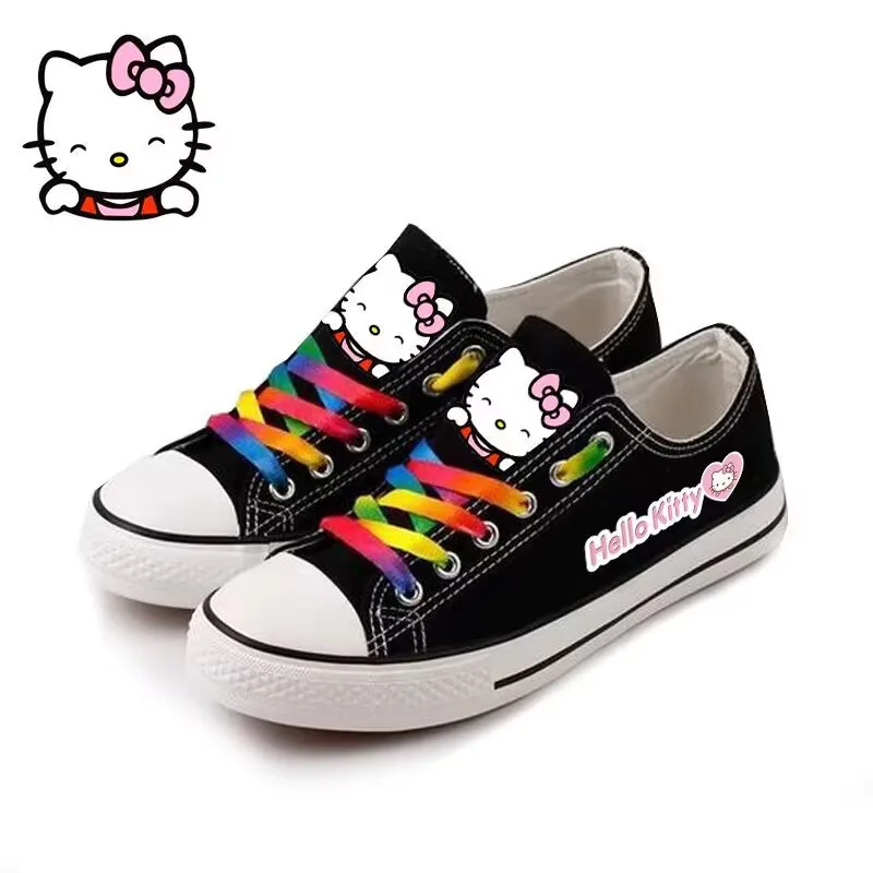 Venda quente Hello Kitty sapatos de lona de cano baixo para mulheres, sapatos esportivos bonitos de estudante plus size masculinos, sapatos casuais de casal