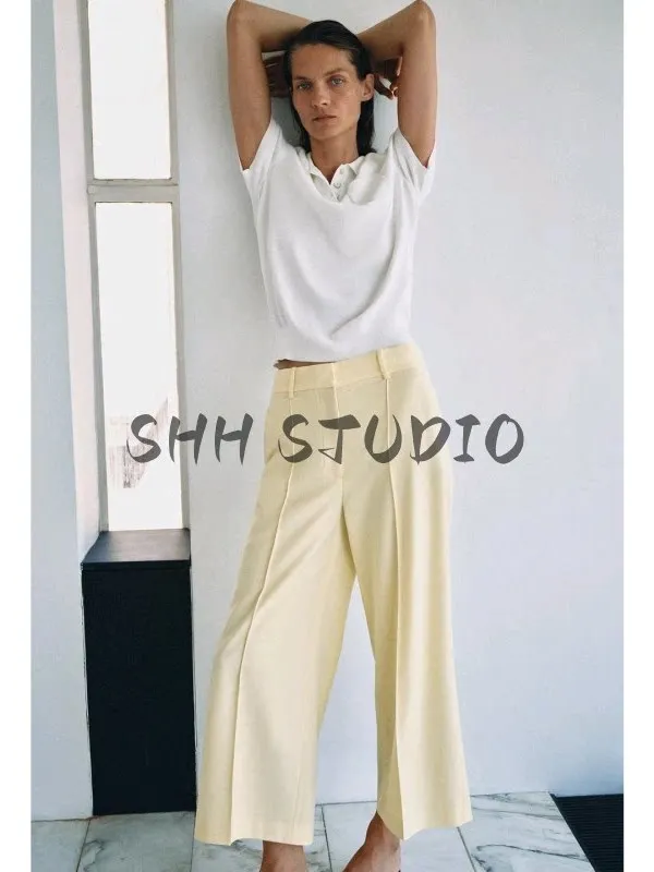 Metal Hook Zipper mid Waist Pleated Decorative Wide Leg Nine Point Pants Women's Autumn Fashion Cleanfit Style Business Suit