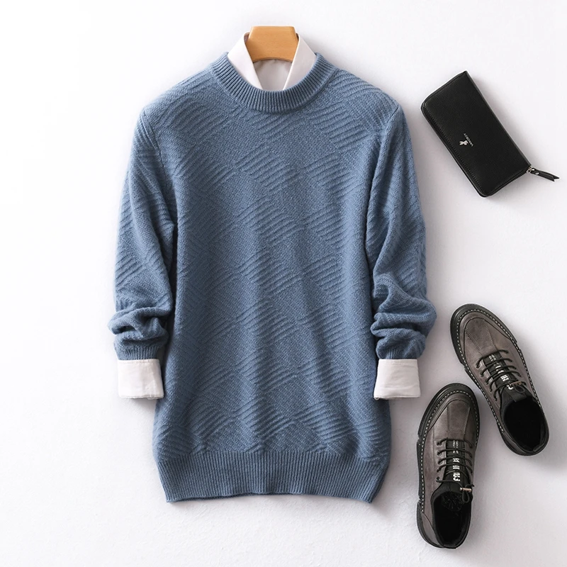 

New Men's 100% Pure Wool Sweater Round Neck Double Thick Pullover Sweater Solid Color Knitted Base Shirt Top