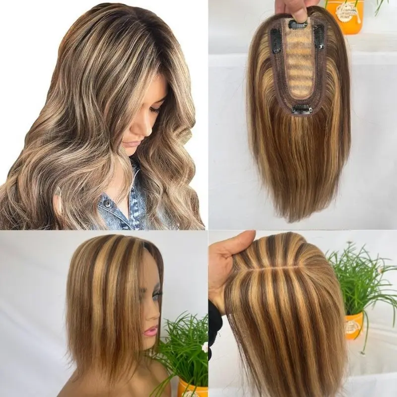 Pwigs 4P27 Medium brown Mix Dark Blonde Woman Toppers Human Thin Hair 7 * 13CM Silk Base Hairpieces Clip in Remy Hair Pieces