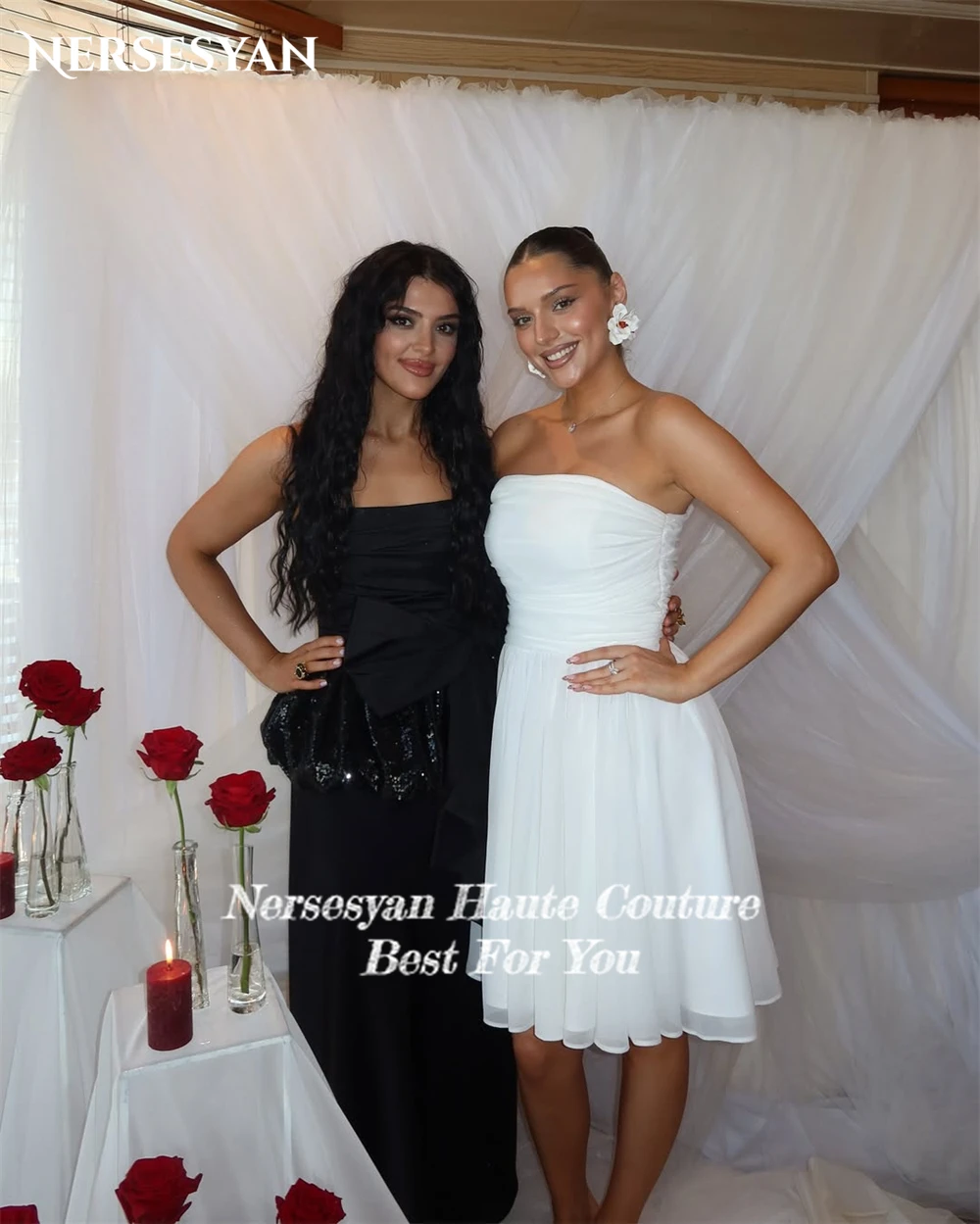 Nersesyan – robe de bal élégante en mousseline de soie, plissée, épaules dénudées, dos nu, longueur aux genoux, robes de soirée d'invitées de mariage personnalisées