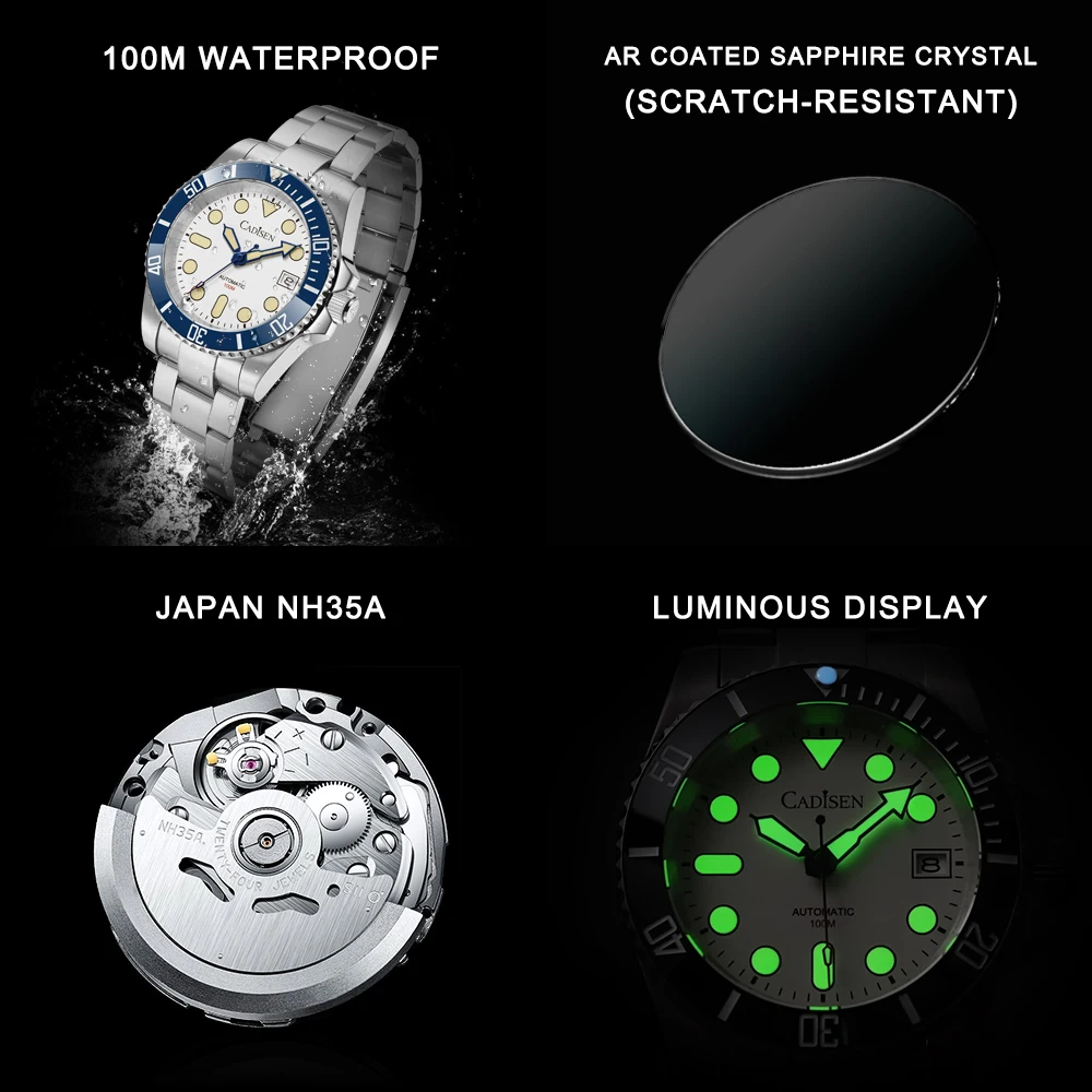 CADISEN Men Automatic Mechanical Watch NH35A Movt Ceramic Bezel Stainless Steel Sapphire Glass Waterproof Wristwath Reloj Hombre