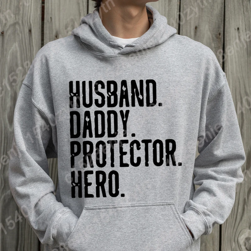 Casual Men Hooded Hoodies Funny Husband Daddy Protector Hero Print Hooded Sweatshirts Men Creative Solid Color Pullovers Hoodies